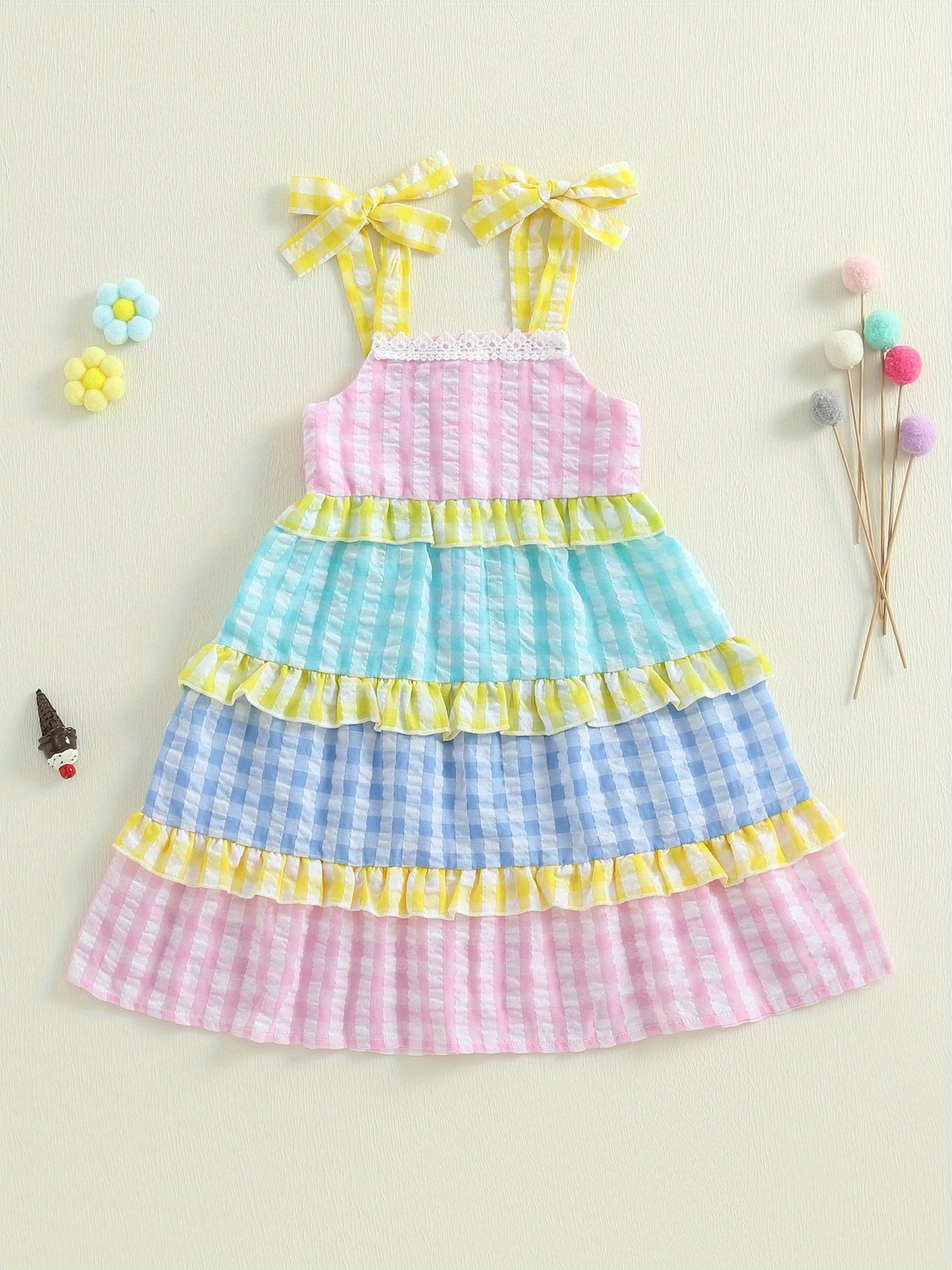 Toddler Girl Summer Dress Plaid Print Tie-up Sleeveless Tiered Ruffled A-Line Dress