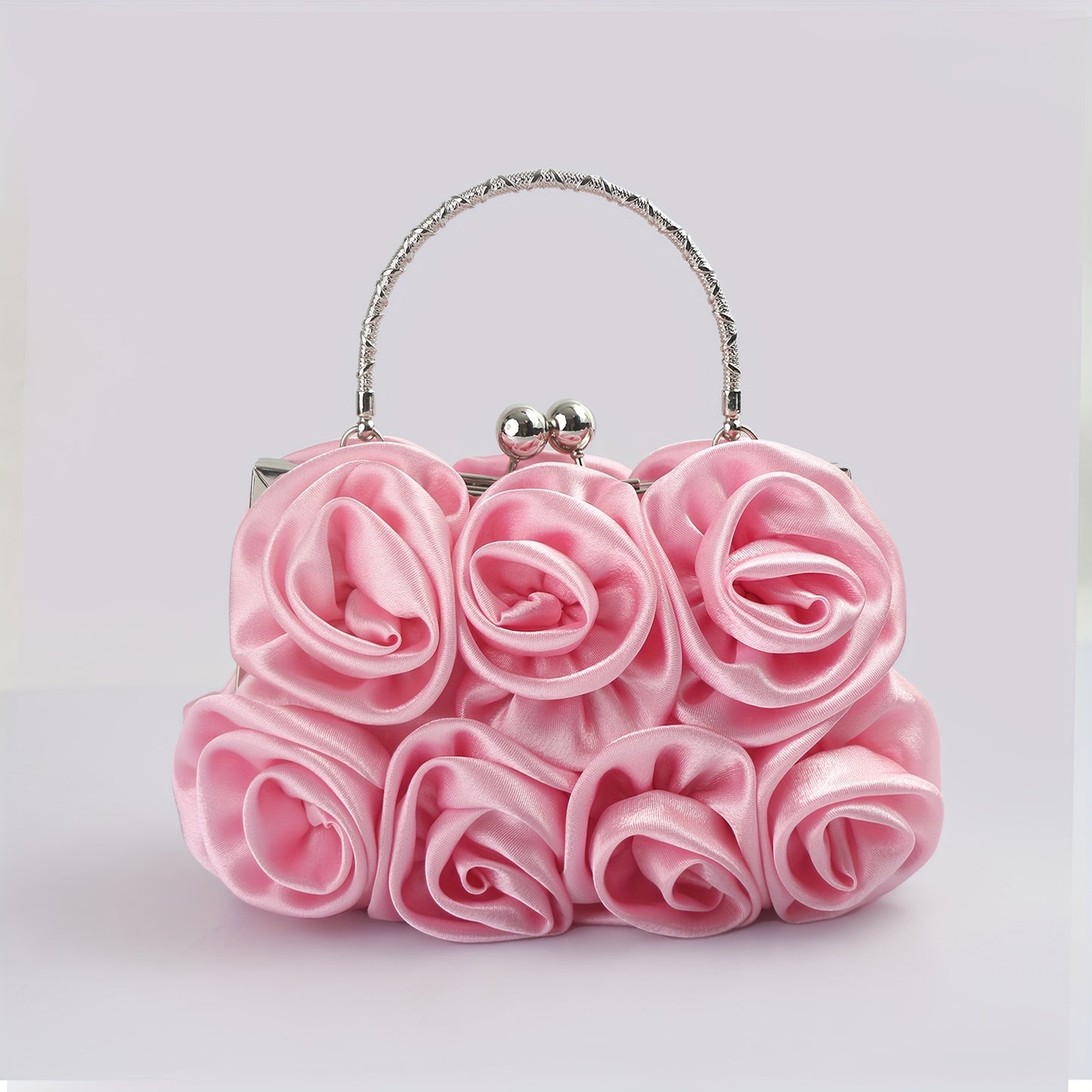 Elegant Floral Fabric Clutch with Kiss Lock Closure, Polyester Lined Evening Handbag for Women - Perfect for Weddings, Parties & Formal Events, Wedding Purse | Floral Embellished Purse | Soft Pink Roses Design