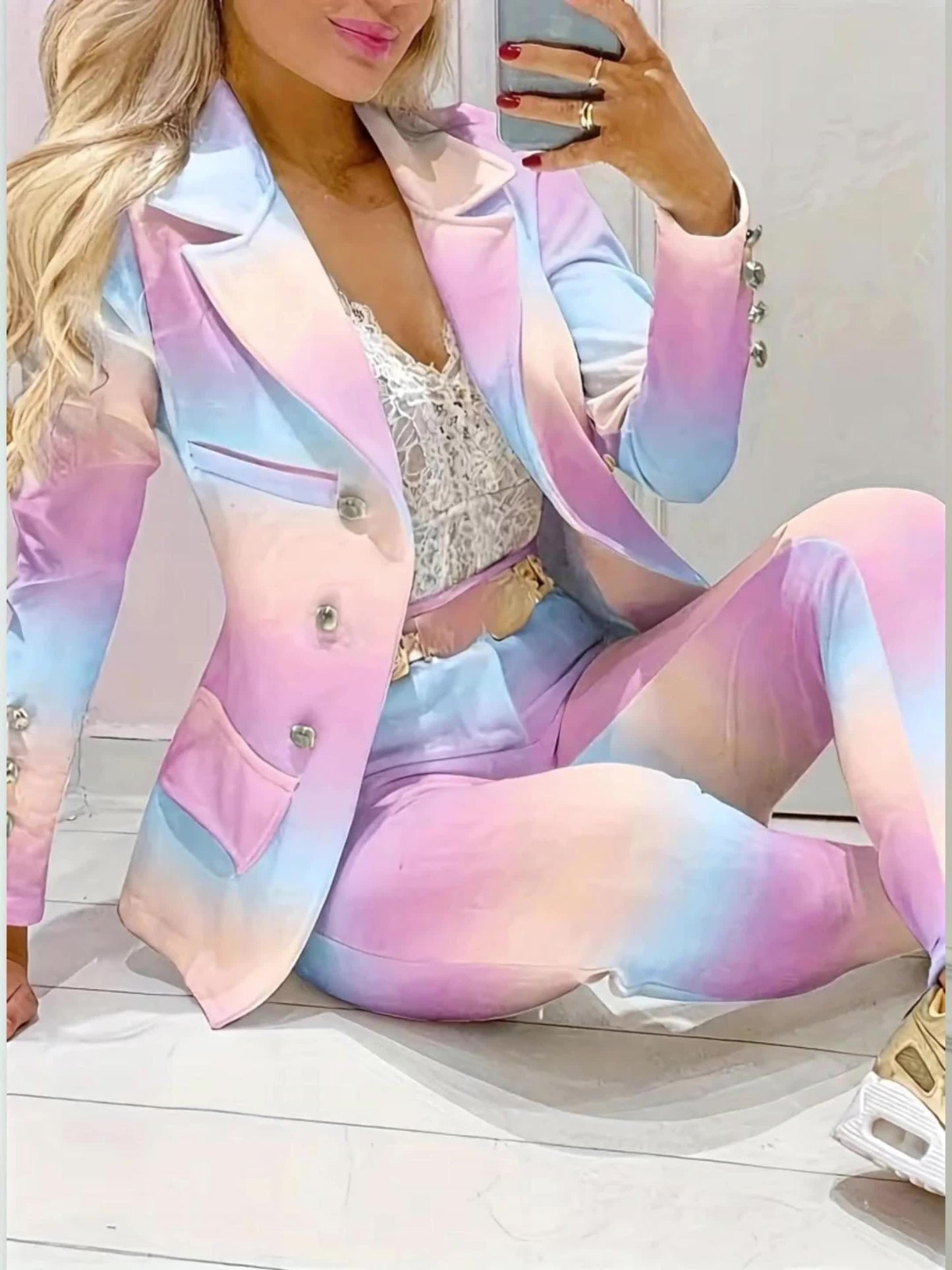 2024 European And American New Chain Print Double-Breasted Suit Set for Attracting Wealth