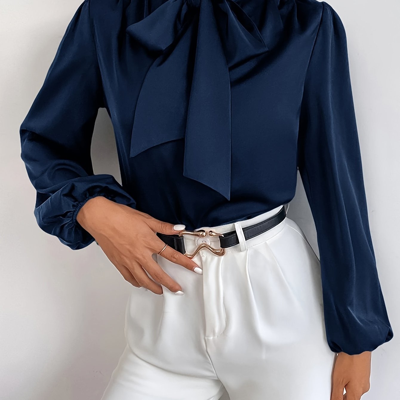 Elegant Satin Blouse with Tie-Neck and Bishop Sleeves, Polyester and Elastane, Solid Color, Non-Stretch Fabric - Women's Fashion Top, Seasonal Fashion | Bow Detail Shirt | Stylish Design, Ladies Blouses