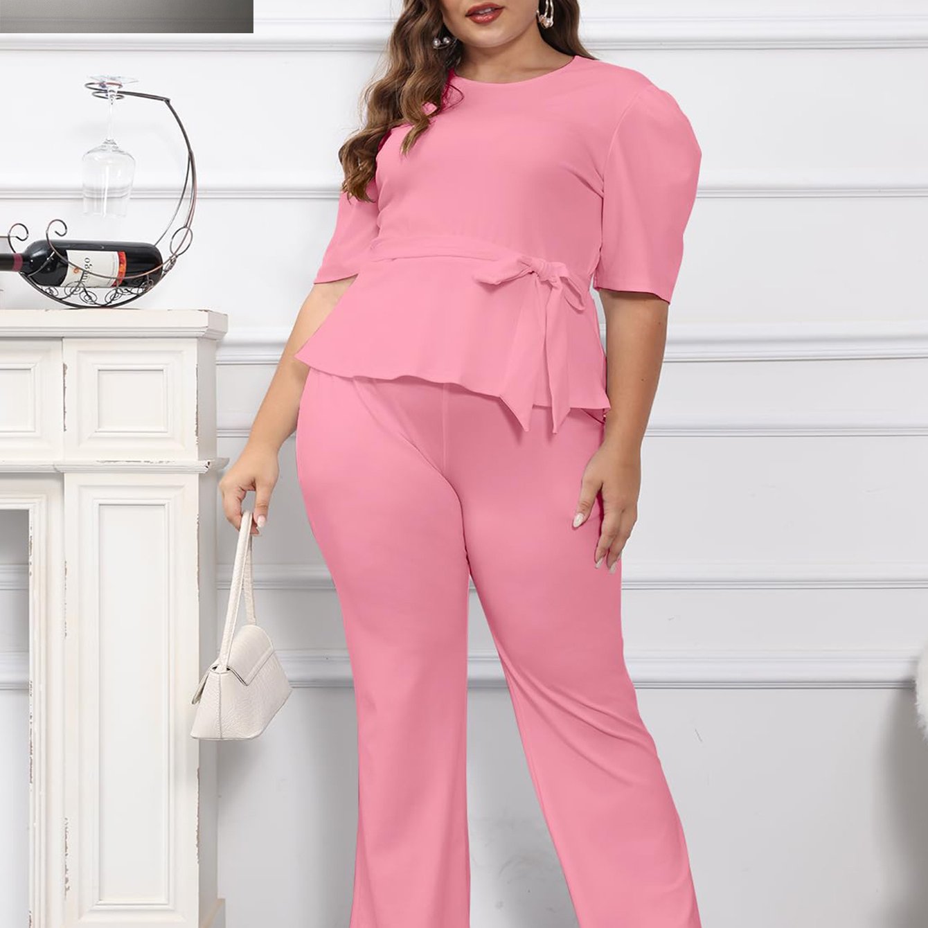 Plus Size 2pcs Outfits for Women Blazer Top Long Sleeve Long Pants Sets Formal Evening Ruffles Slim Fit Blazer Top And Long Pants Set Casual Elegant Business Suit with Belt