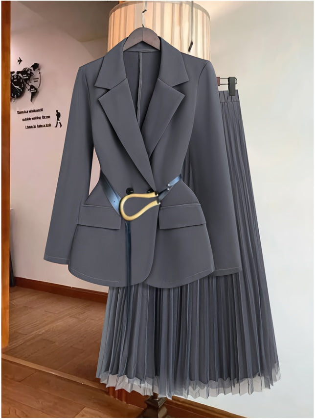 Women's Elegant Solid Color Double-Breasted Suit Jacket with Mesh Pleated Skirt Set, Spring/Summer Belt Not Included