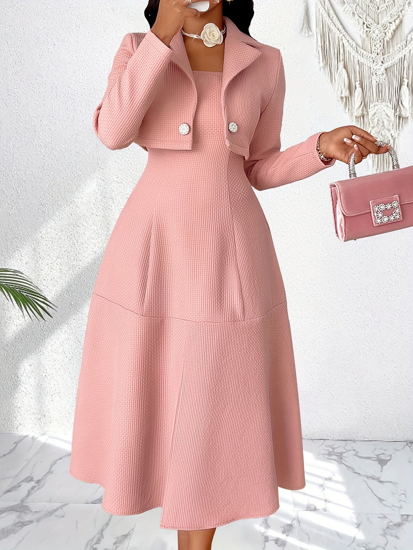 Machine Washable Polyester Elegant French-Inspired Women's Suit Set: Chic Textured Crop Blazer & A-Line Cami Dress