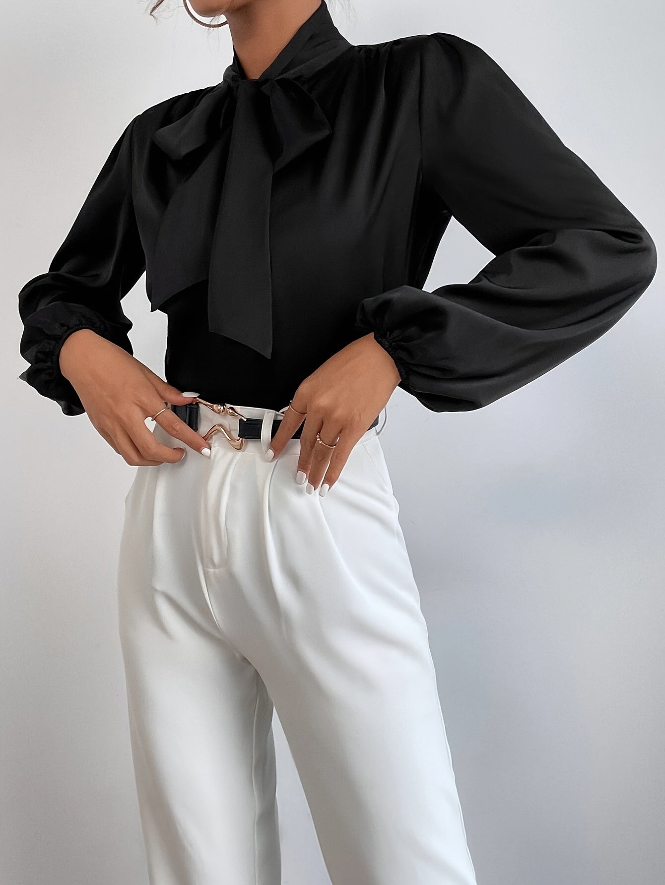 Elegant Satin Blouse with Tie-Neck and Bishop Sleeves, Polyester and Elastane, Solid Color, Non-Stretch Fabric - Women's Fashion Top, Seasonal Fashion | Bow Detail Shirt | Stylish Design, Ladies Blouses