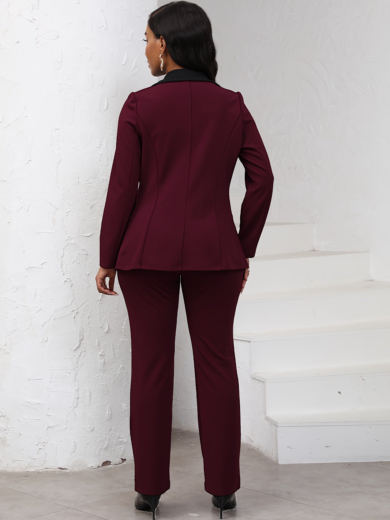 Elegant Women's 2pcs Suit Set - Chic Navy Blue Color Block Blazer with Lapel Collar & Slim-Fit Pants, Professional & Stylish, Long Sleeve, Polyester Blend, Machine Washable - Perfect for Work & Formal Occasions