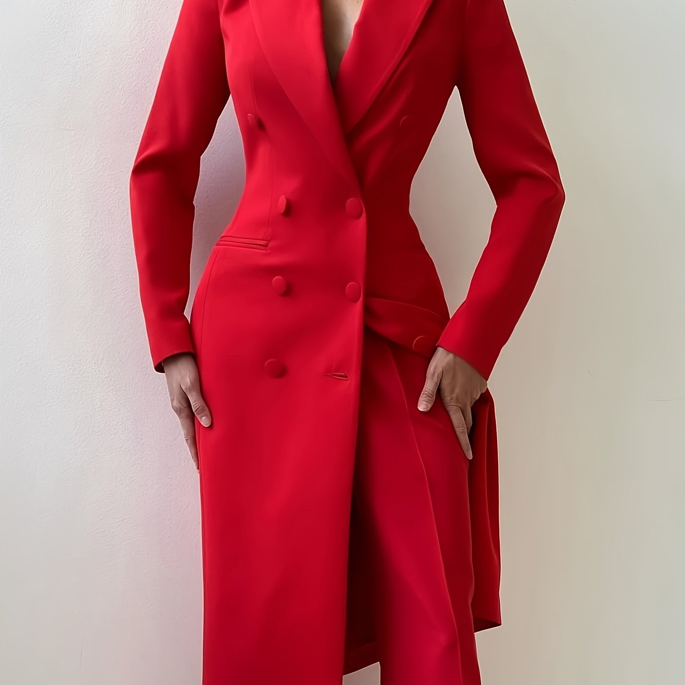 Elegant Red Double-Breasted Mid-Length Polyester Jacket for Women - Chic Lapel, Long Sleeves & Side Pockets, Ideal for Office & Casual Wear, Sophisticated Style