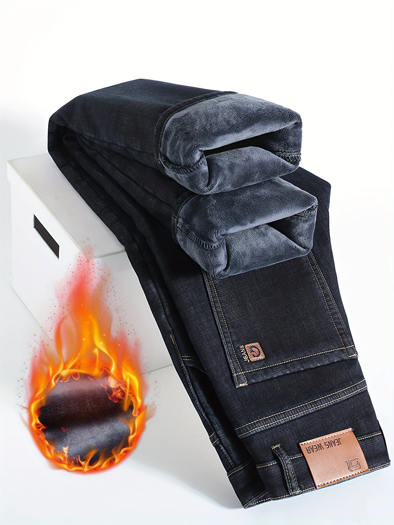 Men's Classic Thickened Denim Straight Leg Fleece Lined Jeans - Warm and Comfortable Winter Pants with Classic Design for Autumn and Winter Season