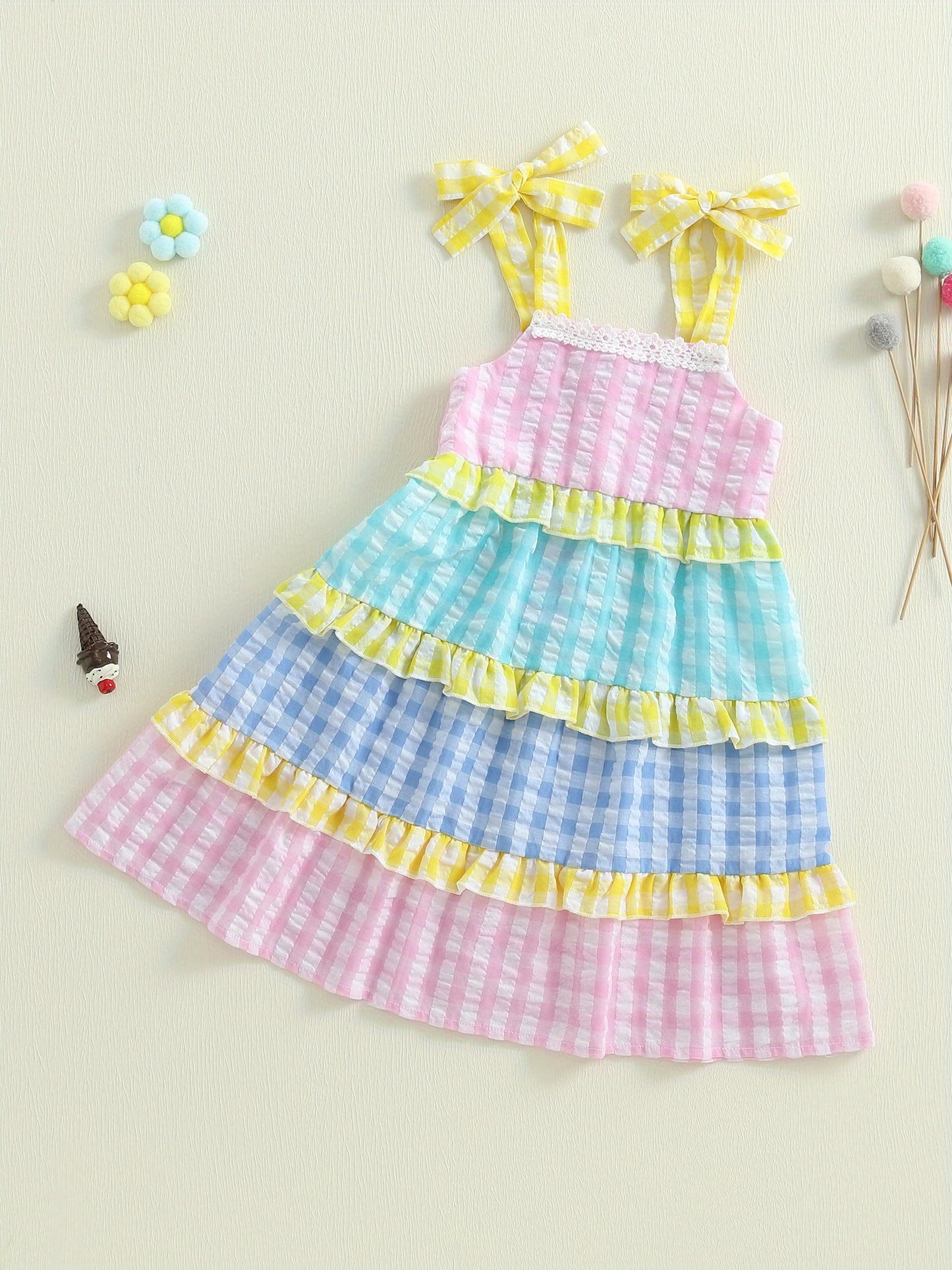 Toddler Girl Summer Dress Plaid Print Tie-up Sleeveless Tiered Ruffled A-Line Dress