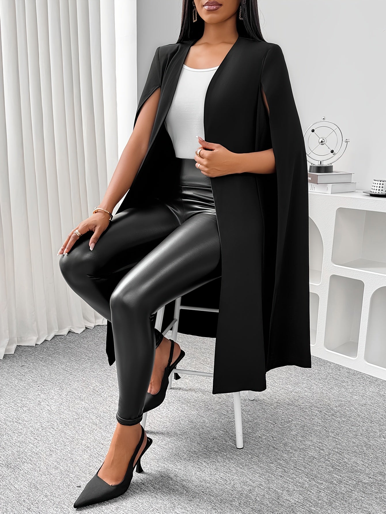 Elegant Long Cape Sleeve Blazer for Women - Polyester Blend (95% Polyester, 5% Elastane) - Solid Color Midi-Length Blazer with Open Front and Split Detail - Versatile Unlined Outerwear for All Seasons