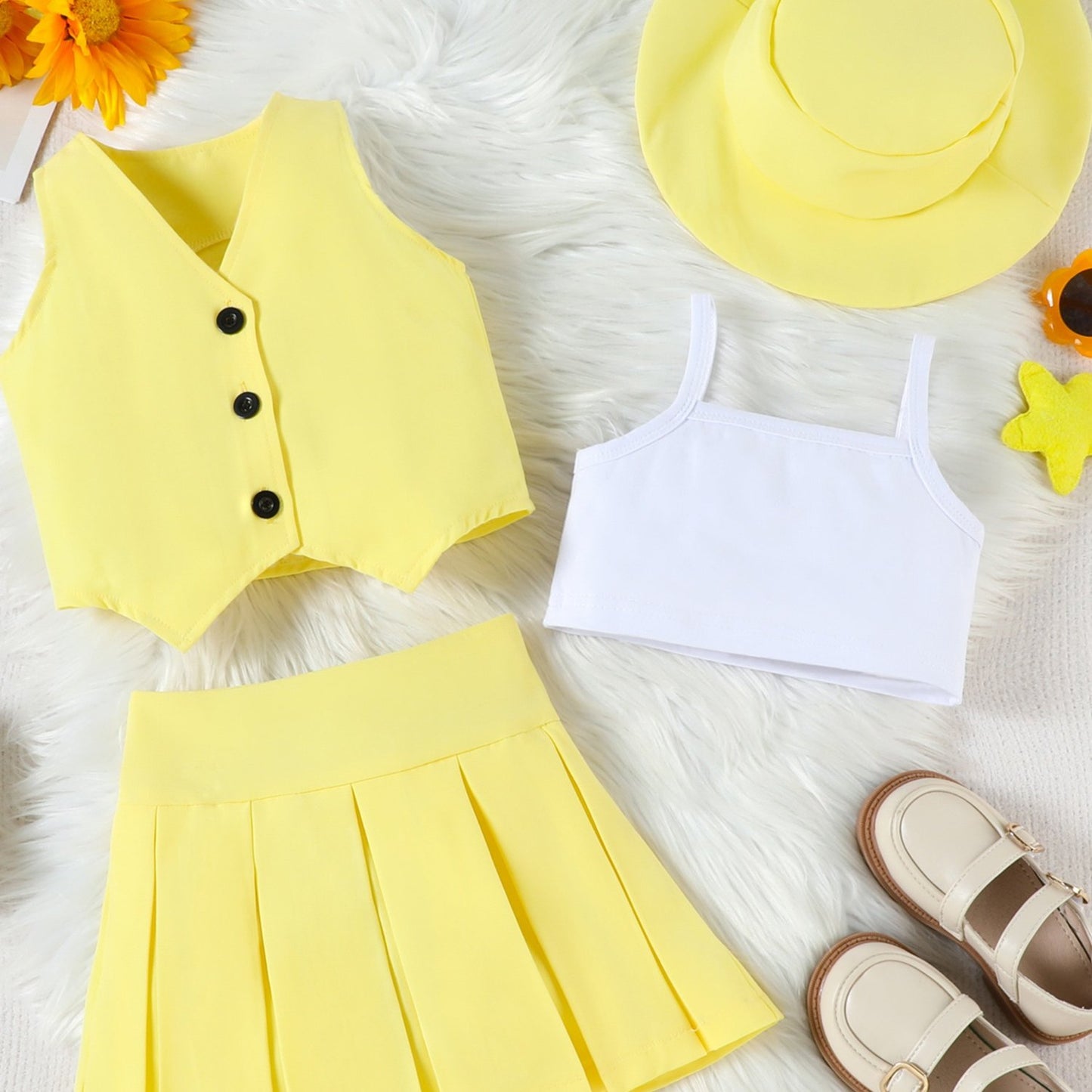 Girl Summer Set V-Neck Sleeveless Button-up Vest Cami Pleated Skirt Hat 4pcs Outfits, for Outdoor