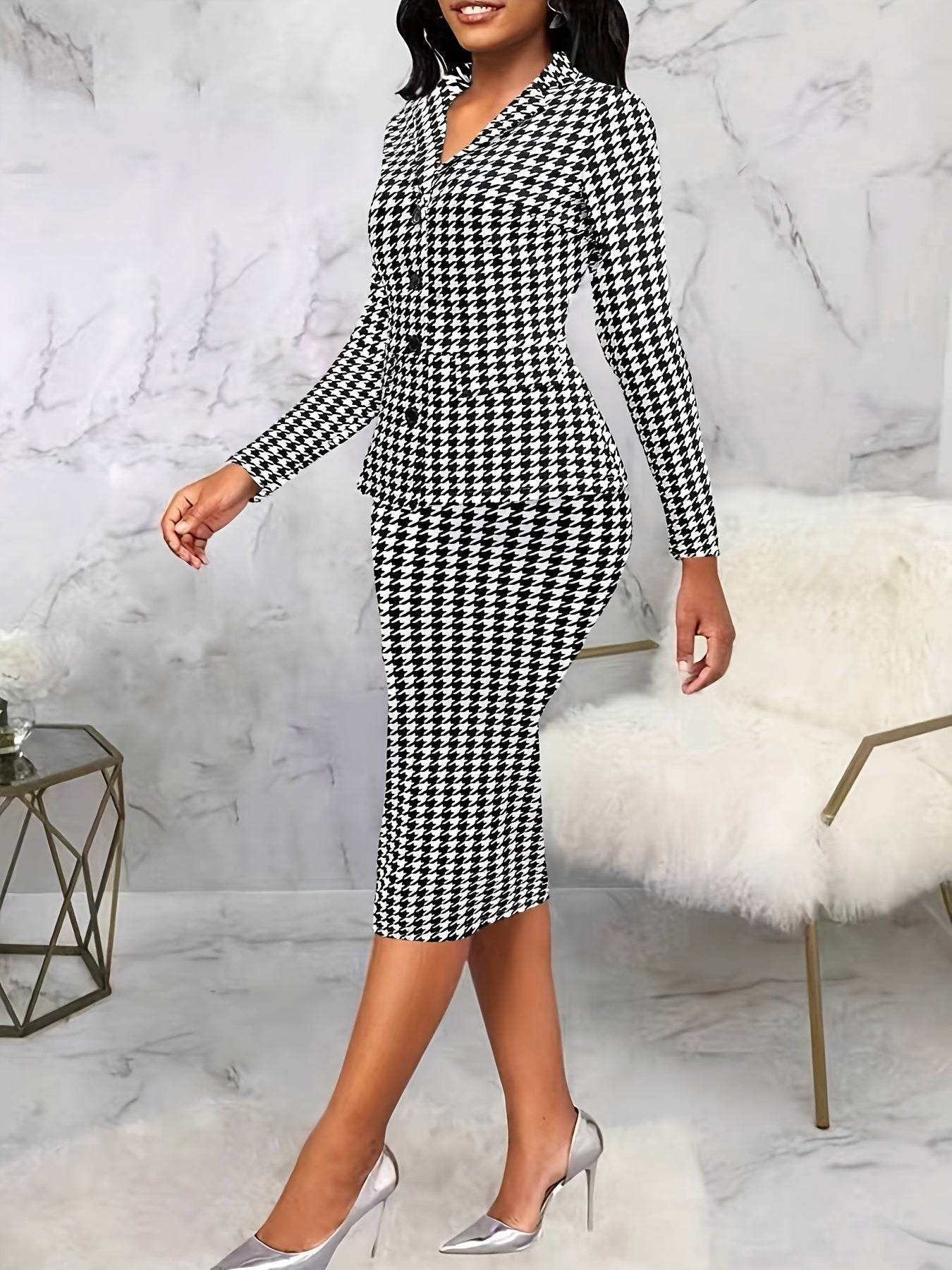 Elegant Houndstooth Print Two-Piece Set for Women - Chic Blazer & Bodycon Skirt Combo, Stretchy Polyester Blend, Non-Sheer, Button-Up Lapel Collar Jacket with Pockets - Perfect for Work, Office, or Casual Wear - Ideal Gift fo