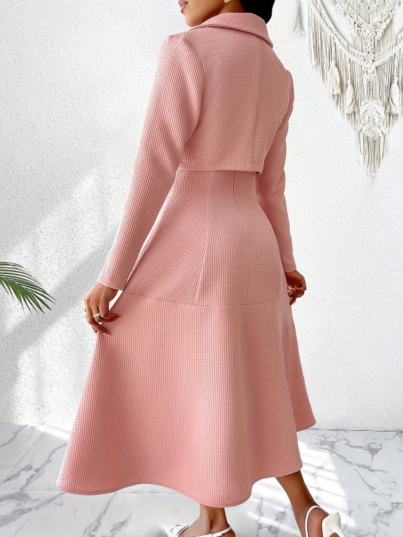 Machine Washable Polyester Elegant French-Inspired Women's Suit Set: Chic Textured Crop Blazer & A-Line Cami Dress