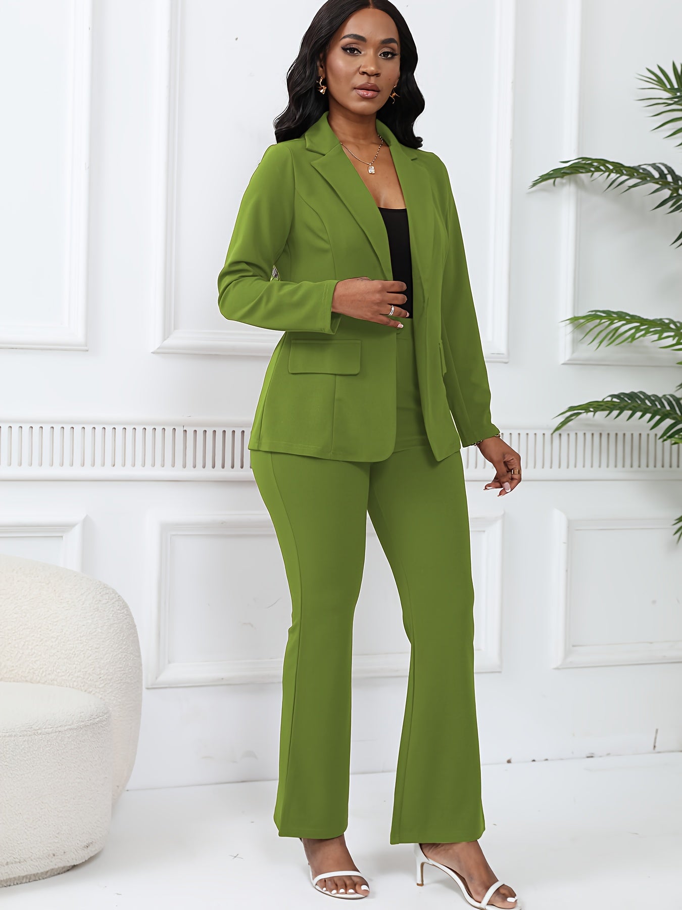 Elegant Solid Slim-Fit Two Piece Set, Single-Breasted Lapel Neck Blazer & Pants Outfits For Office & Work, Women's Clothing