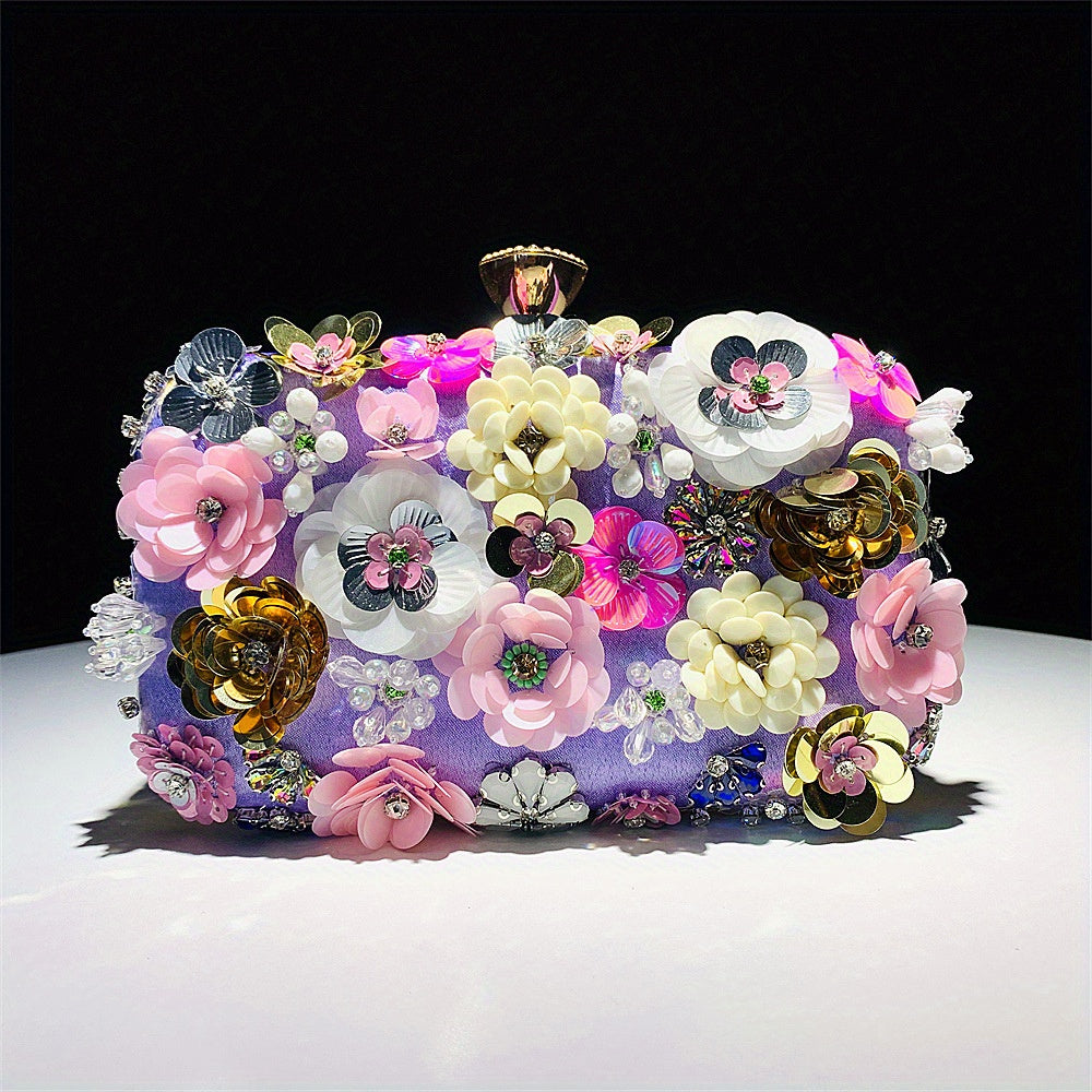 One 3D Beaded Flower Exquisite Evening Bag - Elegant Box Clutch Purse with Sparkling Accents, Women's Wedding Handbags for Party Prom, Carnival Mardi Gras Music Festival, and Formal Occasions - Perfect for Making a Statement
