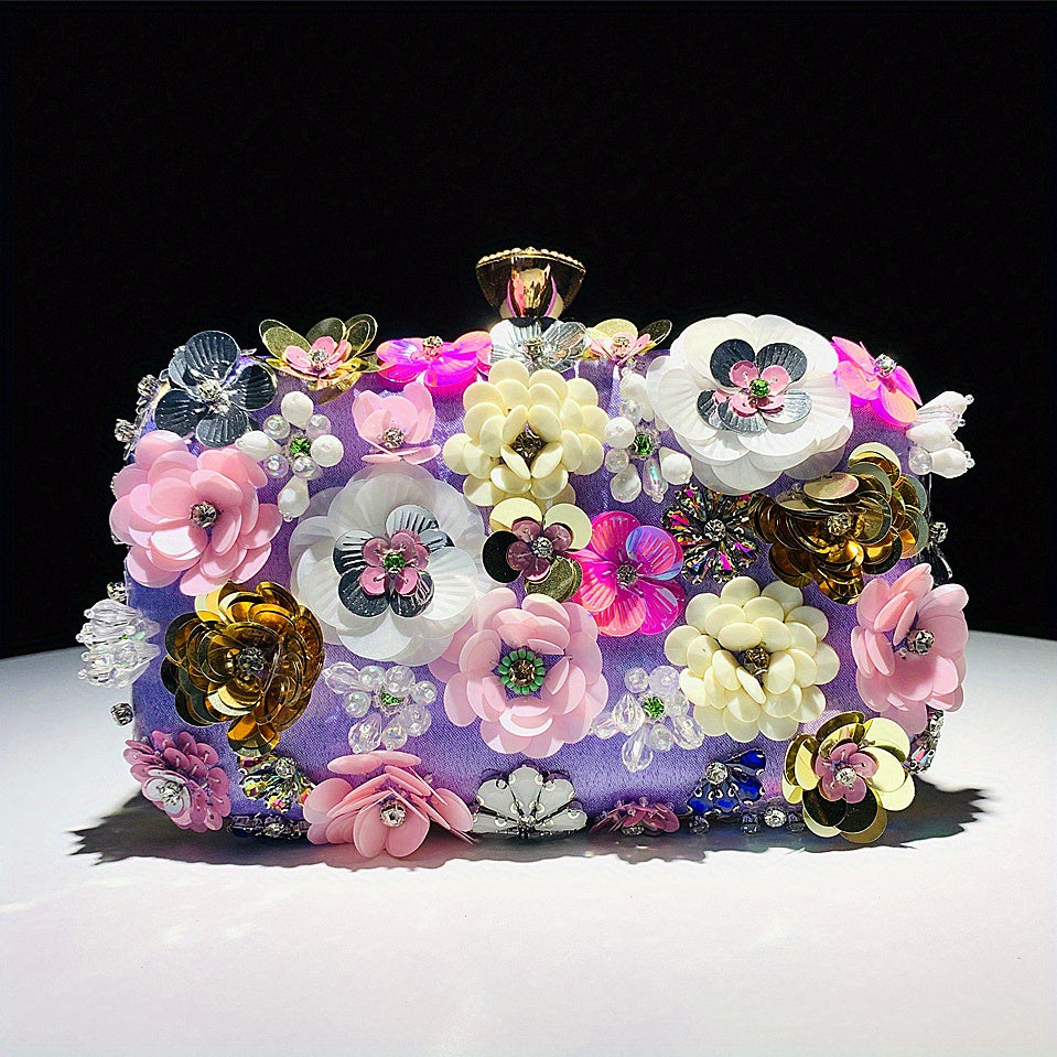 One 3D Beaded Flower Exquisite Evening Bag - Elegant Box Clutch Purse with Sparkling Accents, Women's Wedding Handbags for Party Prom, Carnival Mardi Gras Music Festival, and Formal Occasions - Perfect for Making a Statement