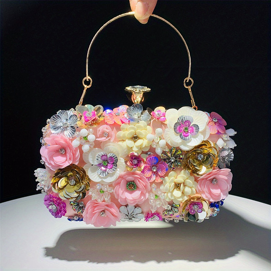 One 3D Beaded Flower Exquisite Evening Bag - Elegant Box Clutch Purse with Sparkling Accents, Women's Wedding Handbags for Party Prom, Carnival Mardi Gras Music Festival, and Formal Occasions - Perfect for Making a Statement