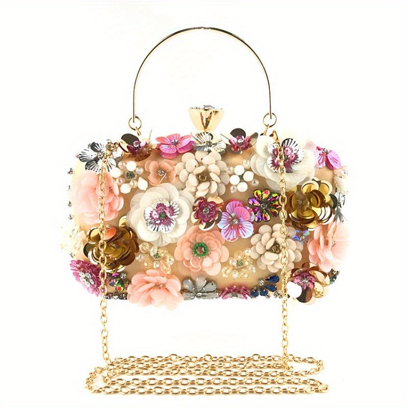 One 3D Beaded Flower Exquisite Evening Bag - Elegant Box Clutch Purse with Sparkling Accents, Women's Wedding Handbags for Party Prom, Carnival Mardi Gras Music Festival, and Formal Occasions - Perfect for Making a Statement