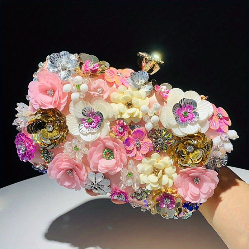 One 3D Beaded Flower Exquisite Evening Bag - Elegant Box Clutch Purse with Sparkling Accents, Women's Wedding Handbags for Party Prom, Carnival Mardi Gras Music Festival, and Formal Occasions - Perfect for Making a Statement