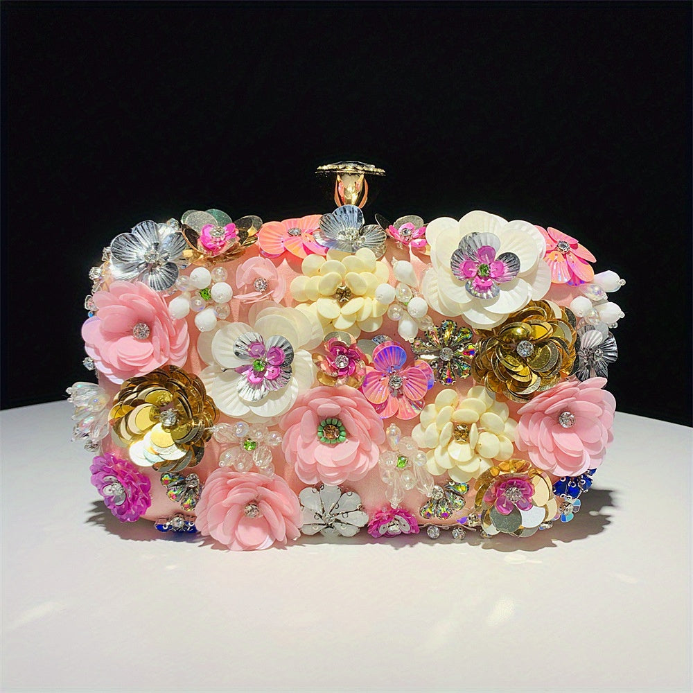 One 3D Beaded Flower Exquisite Evening Bag - Elegant Box Clutch Purse with Sparkling Accents, Women's Wedding Handbags for Party Prom, Carnival Mardi Gras Music Festival, and Formal Occasions - Perfect for Making a Statement