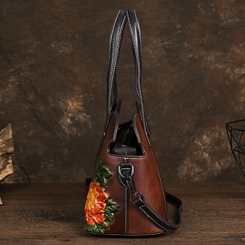 Genuine Genuine Leather Women's Crossbody Bag with Floral Embossed Design - Ethnic Style Coffee & Yellow Handbags, Zipper Closure & Polyester Lining for Casual or Formal Use