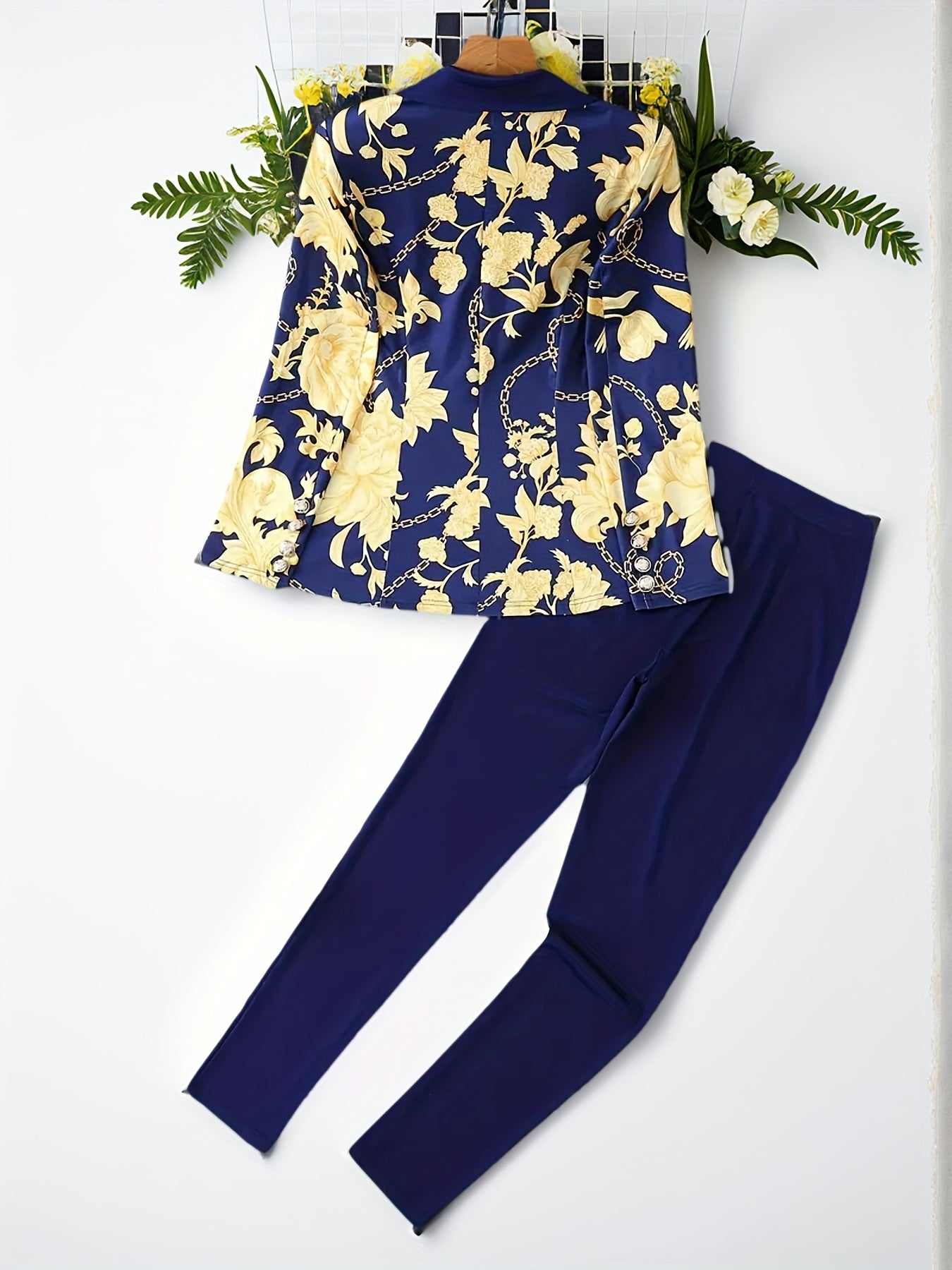 2025New Elegant Floral Print Polyester Blazer Set - Women'S Chain Print, Spandex Blend, Machine Washable, Spring/Autumn Fashion