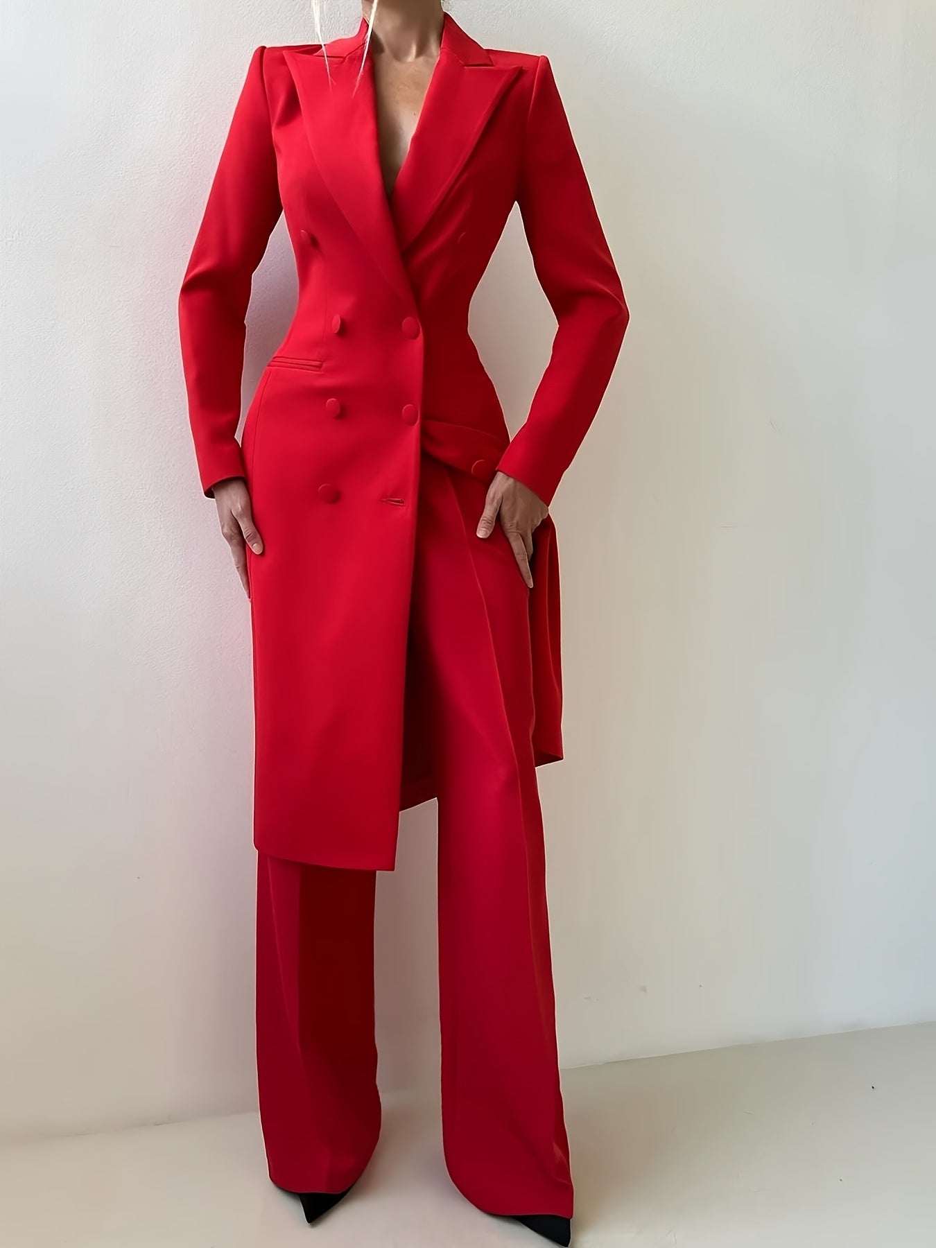 Elegant Red Double-Breasted Mid-Length Polyester Jacket for Women - Chic Lapel, Long Sleeves & Side Pockets, Ideal for Office & Casual Wear, Sophisticated Style
