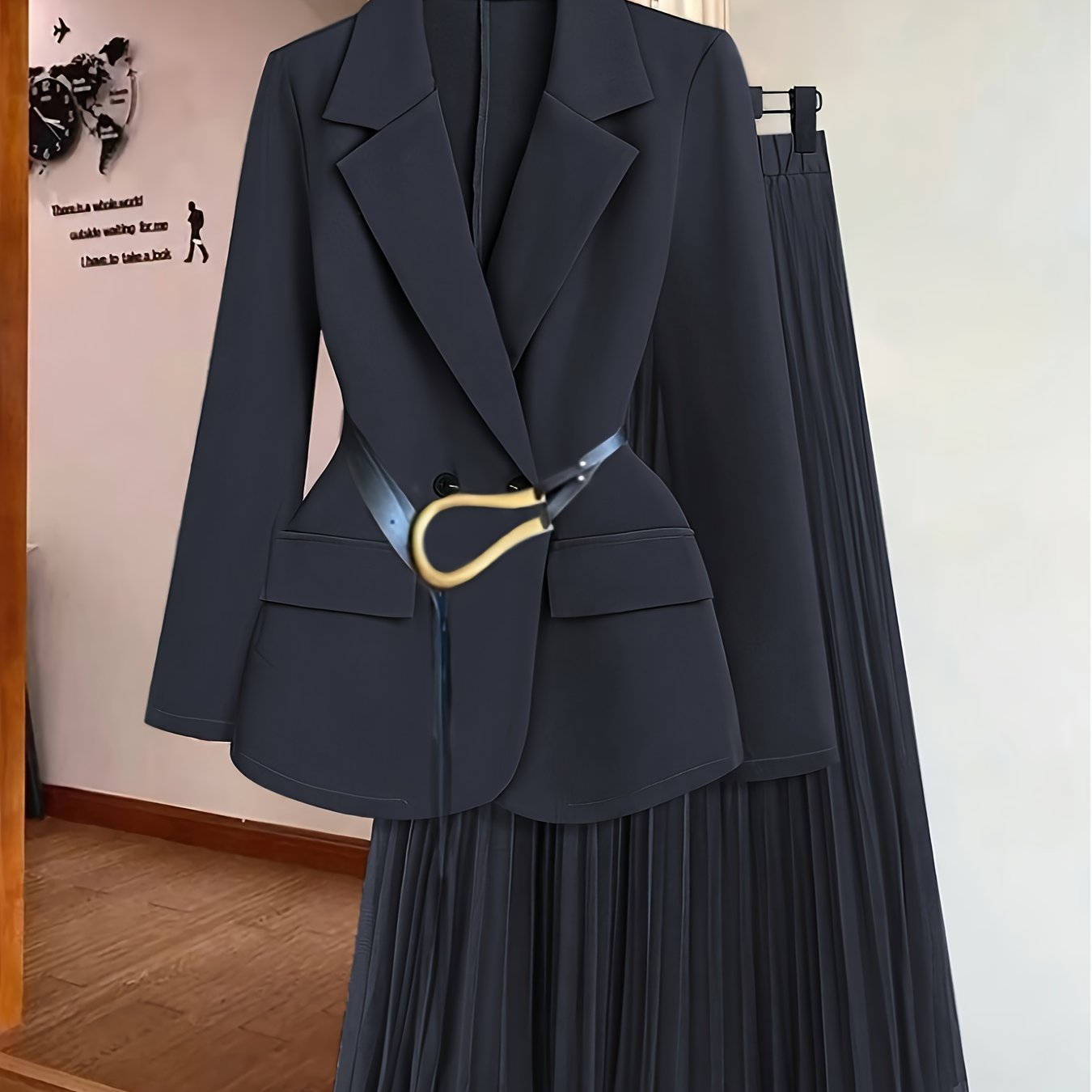 Women's Elegant Solid Color Double-Breasted Suit Jacket with Mesh Pleated Skirt Set, Spring/Summer Belt Not Included