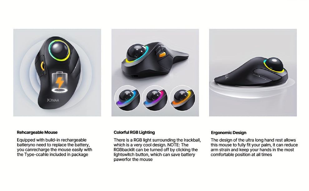 JOMAA EliteTrack - Ergonomic Wireless Rechargeable Trackball Mouse with RGB Lighting, 3-Device Connection, Index Control, and Long-Lasting Battery Life for Comfortable Computer and Laptop Navigation
