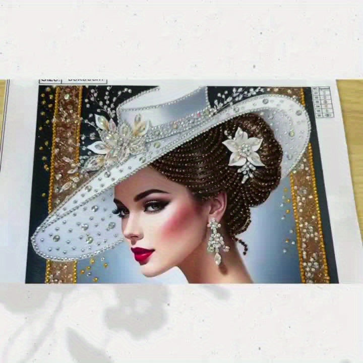 Elegant white sunshade hat Women's pattern diamond painting set, partially decorated with special shape crystal rhinestone home wall decoration DIY technology, (no border)