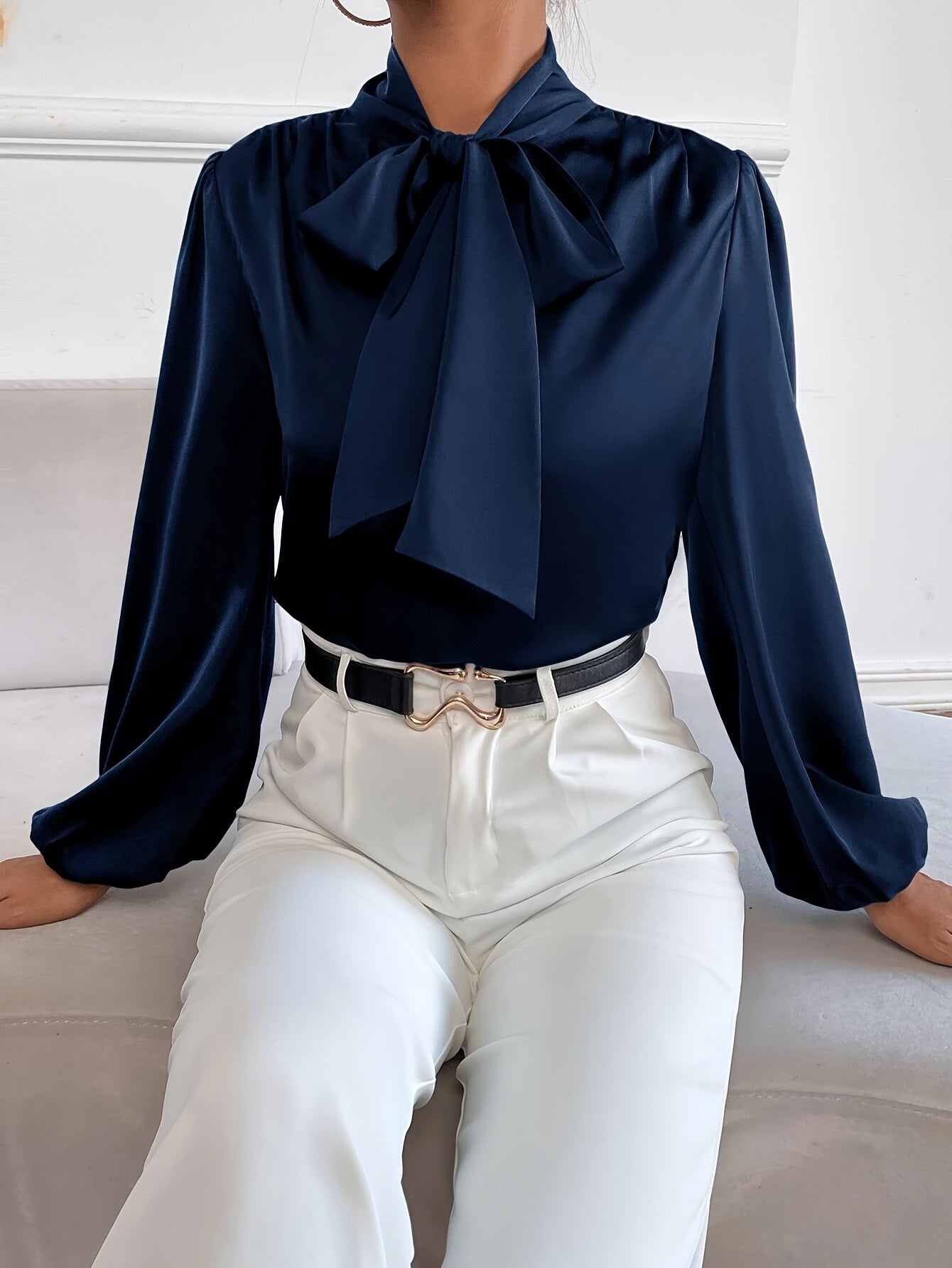 Elegant Satin Blouse with Tie-Neck and Bishop Sleeves, Polyester and Elastane, Solid Color, Non-Stretch Fabric - Women's Fashion Top, Seasonal Fashion | Bow Detail Shirt | Stylish Design, Ladies Blouses