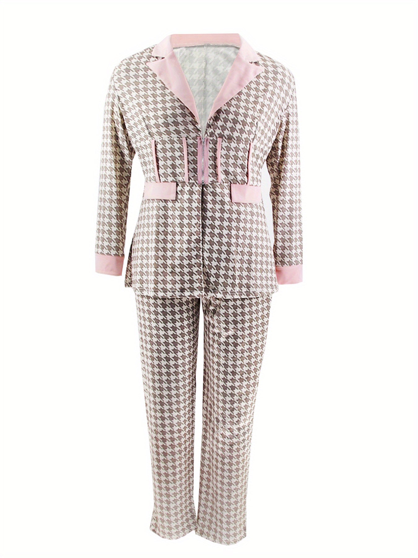 Women's Two-piece Suit, Thousand-bird Print Women's Suit, Cut Collar Design with Pockets, Suitable for Office Commuting OL Or Casual Wear, Using Elastic Polyester Material, Women's Clothing
