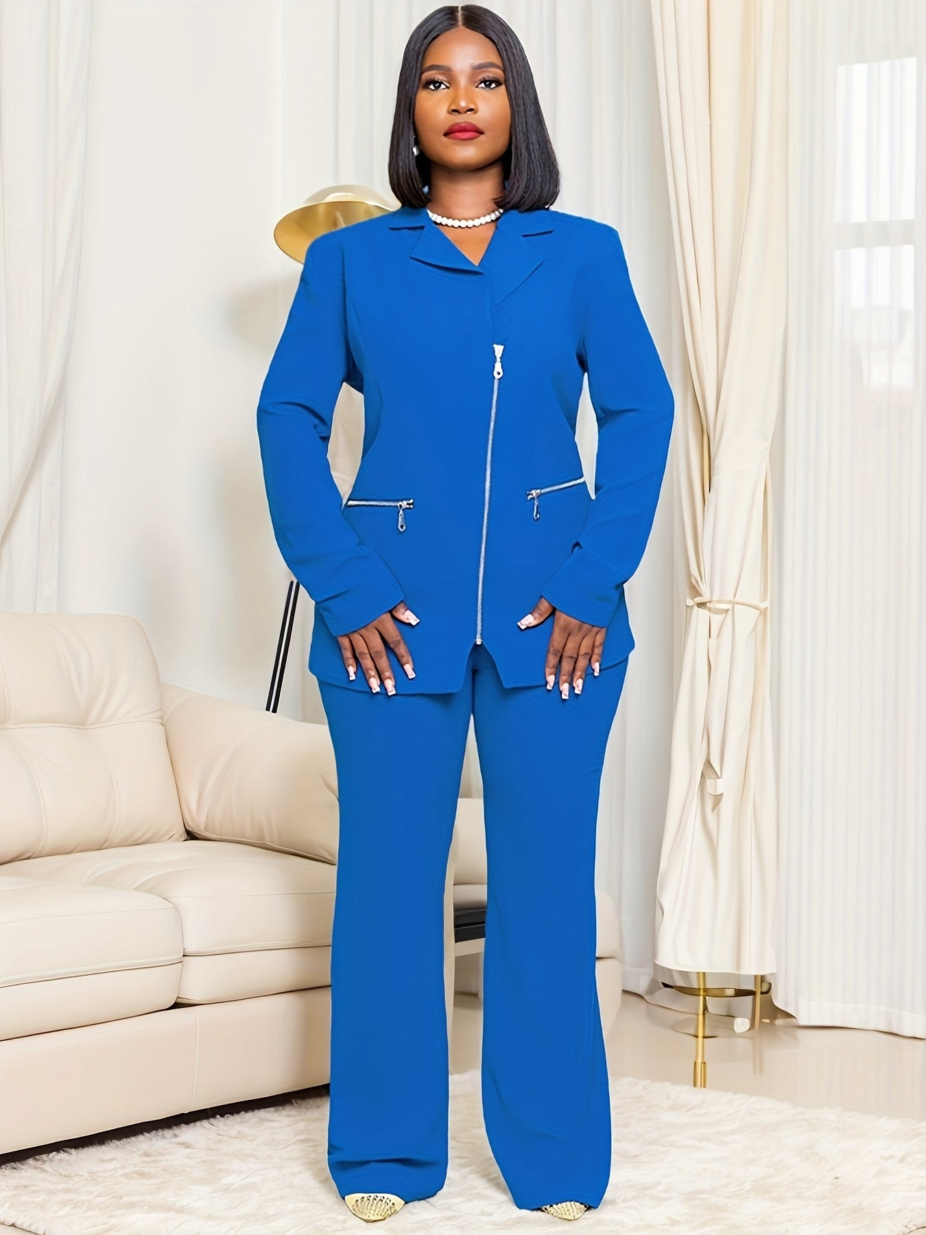 Women's Elegant Two-Piece Suit - Royal Blue, Zippered Lapel Collar Jacket with Decorative Golden Buttons & Straight-Leg Pants, Polyester, Perfect for Work & Casual Events