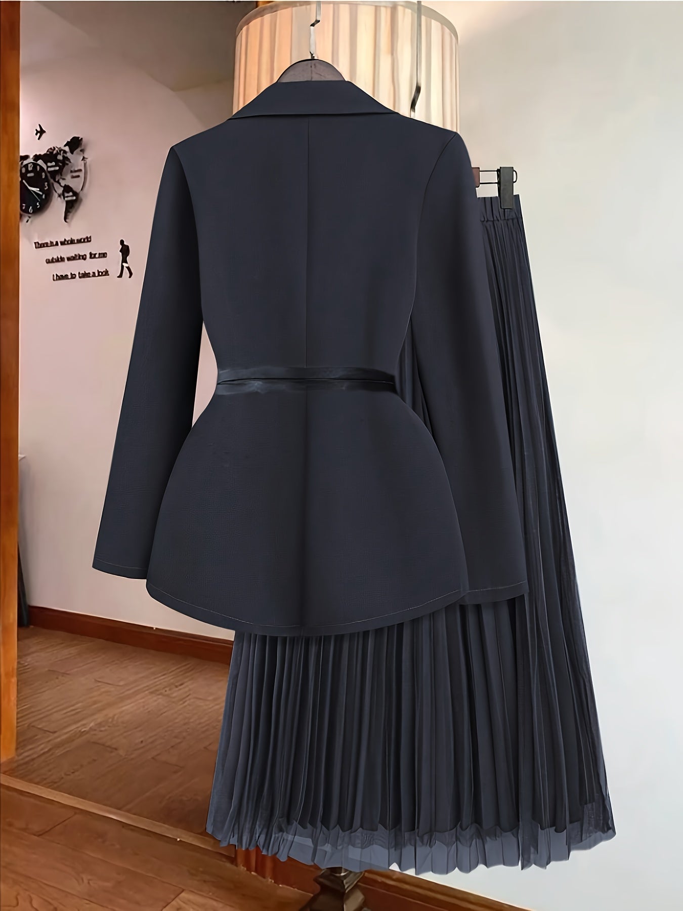 Women's Elegant Solid Color Double-Breasted Suit Jacket with Mesh Pleated Skirt Set, Spring/Summer Belt Not Included
