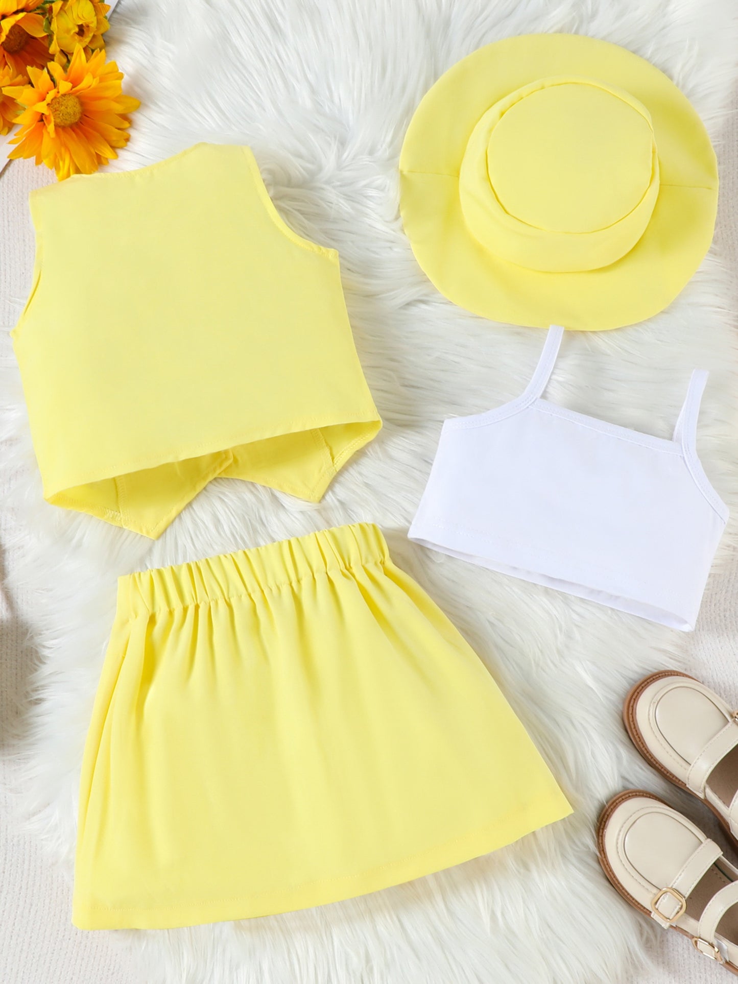 Girl Summer Set V-Neck Sleeveless Button-up Vest Cami Pleated Skirt Hat 4pcs Outfits, for Outdoor