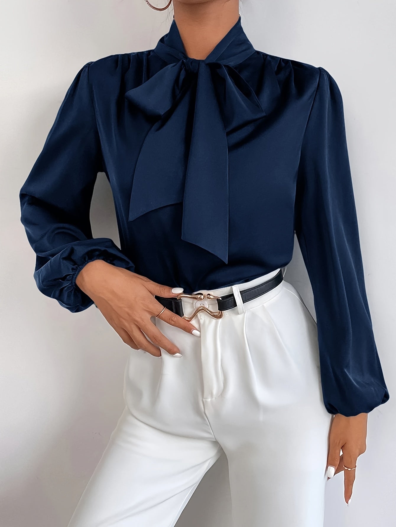 Elegant Satin Blouse with Tie-Neck and Bishop Sleeves, Polyester and Elastane, Solid Color, Non-Stretch Fabric - Women's Fashion Top, Seasonal Fashion | Bow Detail Shirt | Stylish Design, Ladies Blouses