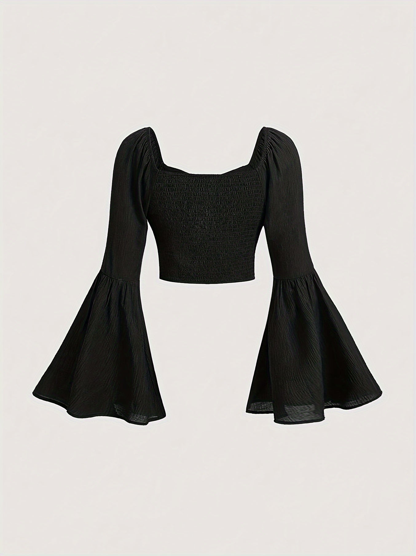 Vibrant Square Neck Ruched Crop Top - Women's Blouses with Long Flare Sleeves, Casual Chic Design for Spring & Fall Seasons, Soft Comfortable Fabric, Easy to Pair with Jeans or Skirts