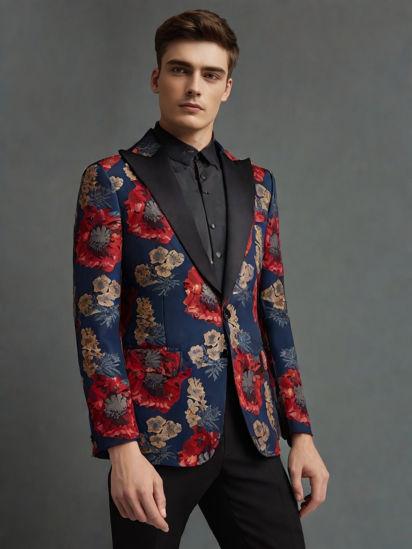 Men's Red Floral Jacquard Blazers Slim Fit Elegant Tuxedo Suit Blazer Jacket Fashion New Men Prom Party Wedding Stage Singer Costume