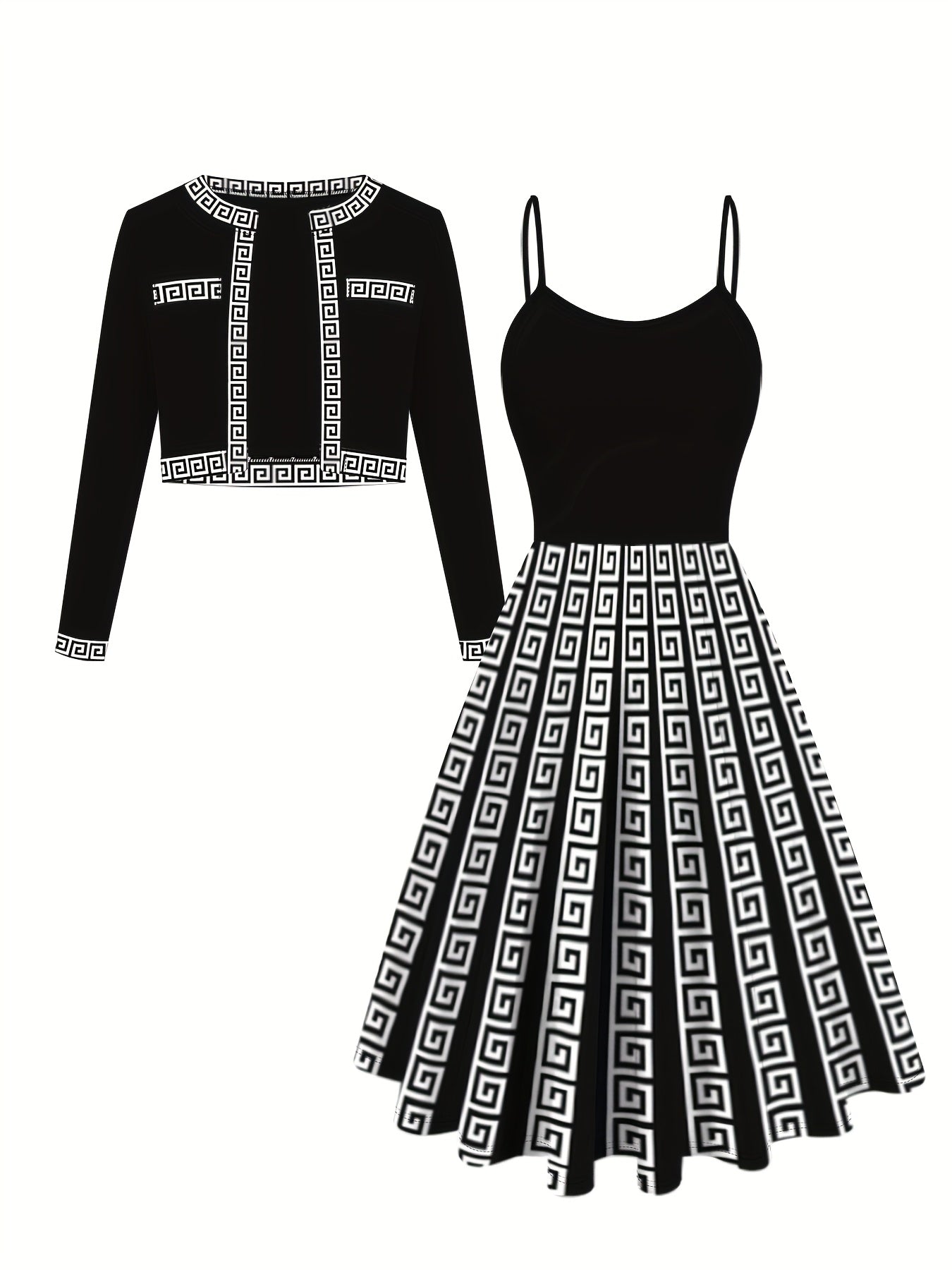 Plus Size Two-Piece Set - Elegant Cardigan Jacket and Geometric Suspender Dress - Knit Polyester with Elastane, Machine Washable
