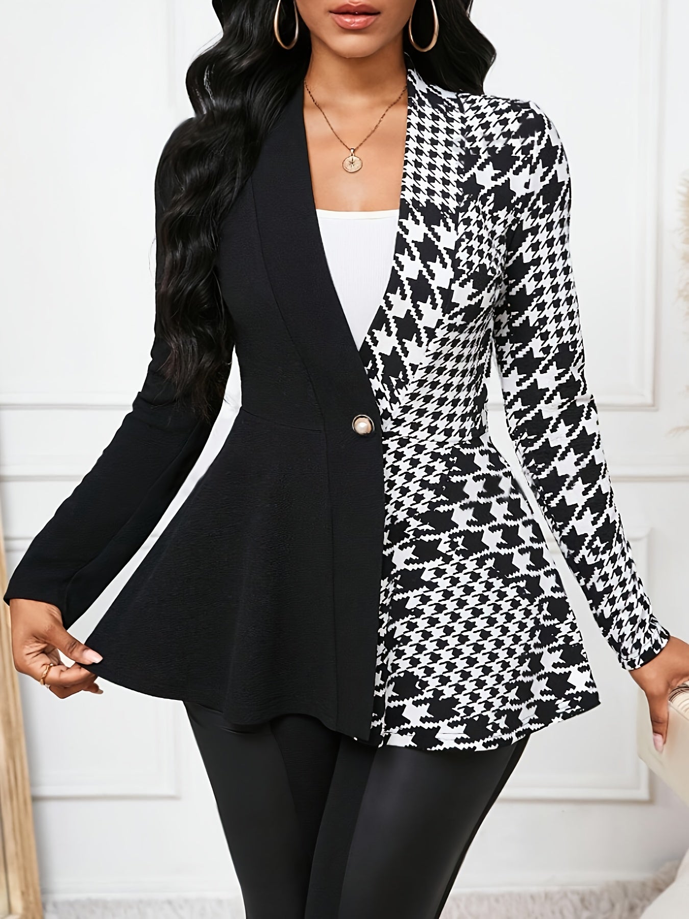 Office Ready, Women's Elegant Houndstooth Color Block Jacket - Chic Single-Breasted Long Sleeve, Polyester, Machine Washable, Ideal for Spring/Fall Fashion