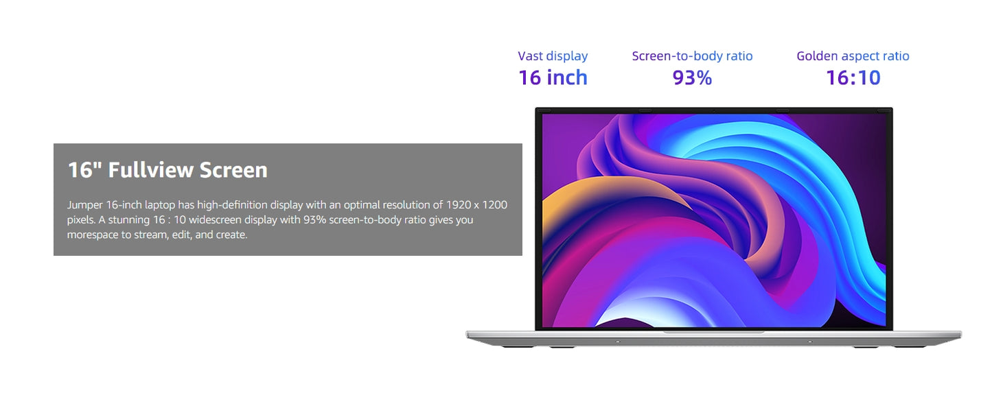 Laptop 16 Inch, 16GB DDR5 512GB SSD, Quad Core N100 CPU, FHD IPS 1200P Display, Notebook Computers with Cooling System, 38WH Battery, 2.4G+5G WiFi.