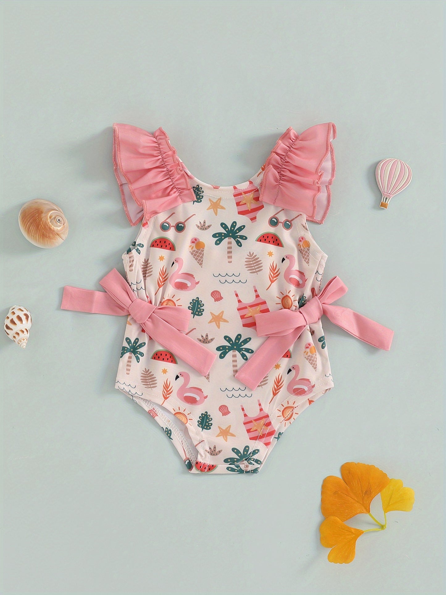 Toddler Girl Summer Tank Swimsuit Shell Print Romper Sleeveless U-Neck Bathing Suit Ruffled Beachwear