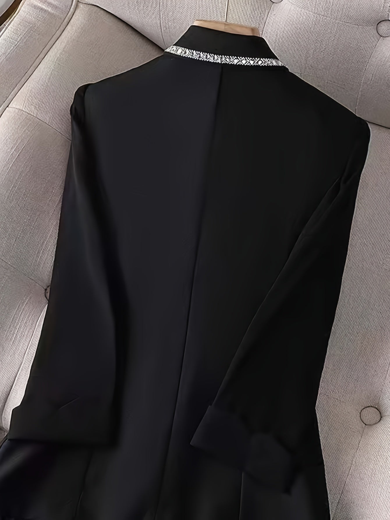Women'S Elegant Chiffon Blazer with Rhinestone Embellishments, Spring/Summer Three Quarter Sleeve, Polyester 100%, Solid Color, X-Contour, Single Button Placket, Lightweight Knit Fabric, 120g/m² - Fashionable Casual Suit Jac