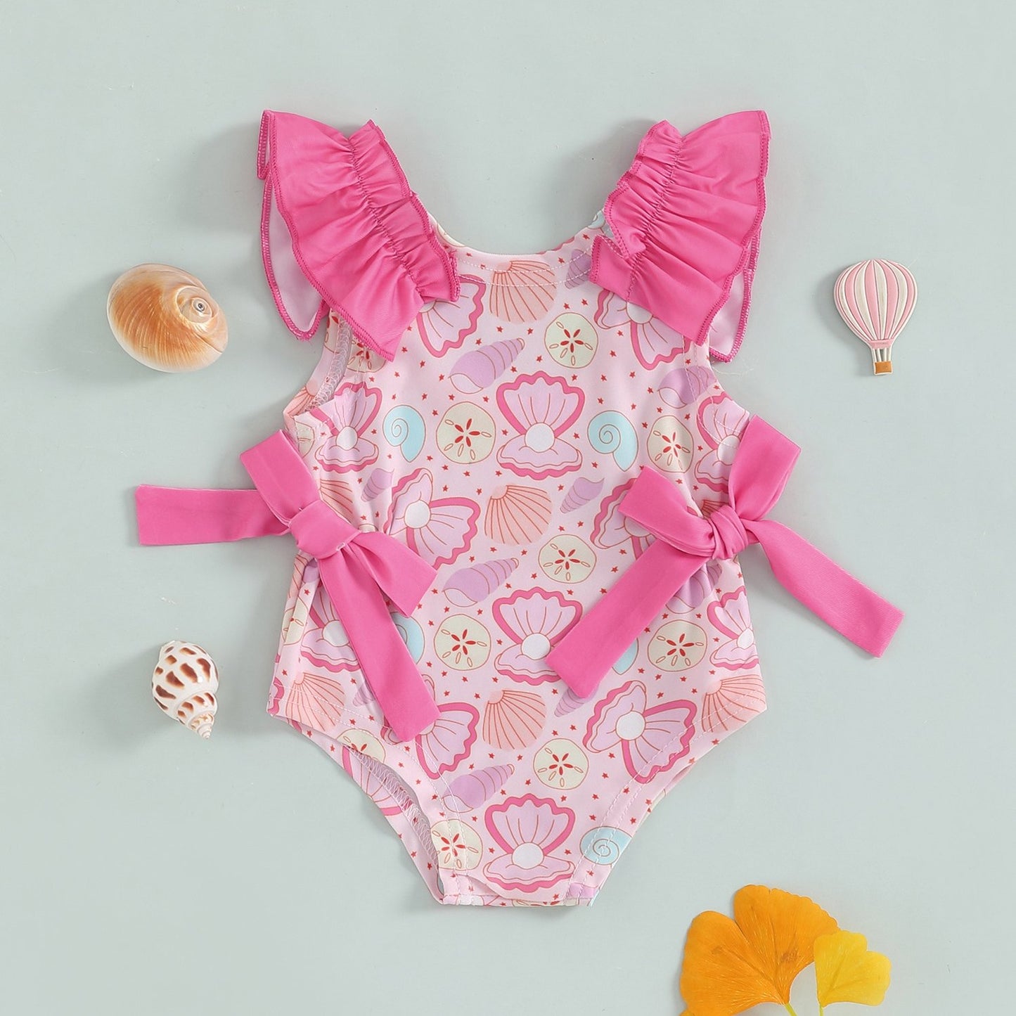 Toddler Girl Summer Tank Swimsuit Shell Print Romper Sleeveless U-Neck Bathing Suit Ruffled Beachwear