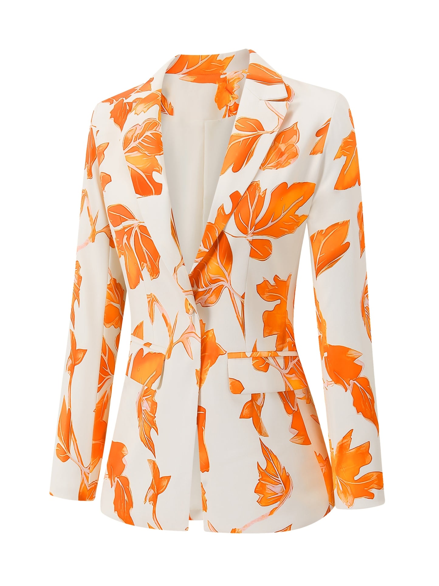 Elegant Women'S Blazer with Vibrant Orange Leaf Print - Single-Breasted Long Sleeve Jacket, Double Pockets, Smooth Polyester Fabric, All-Season Versatile Style, Ladies Blazers