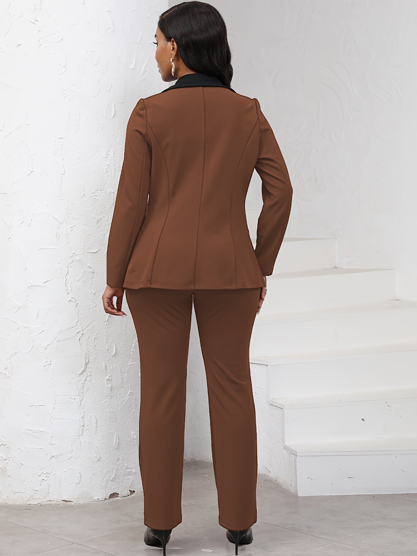 Elegant Women's 2pcs Suit Set - Chic Navy Blue Color Block Blazer with Lapel Collar & Slim-Fit Pants, Professional & Stylish, Long Sleeve, Polyester Blend, Machine Washable - Perfect for Work & Formal Occasions