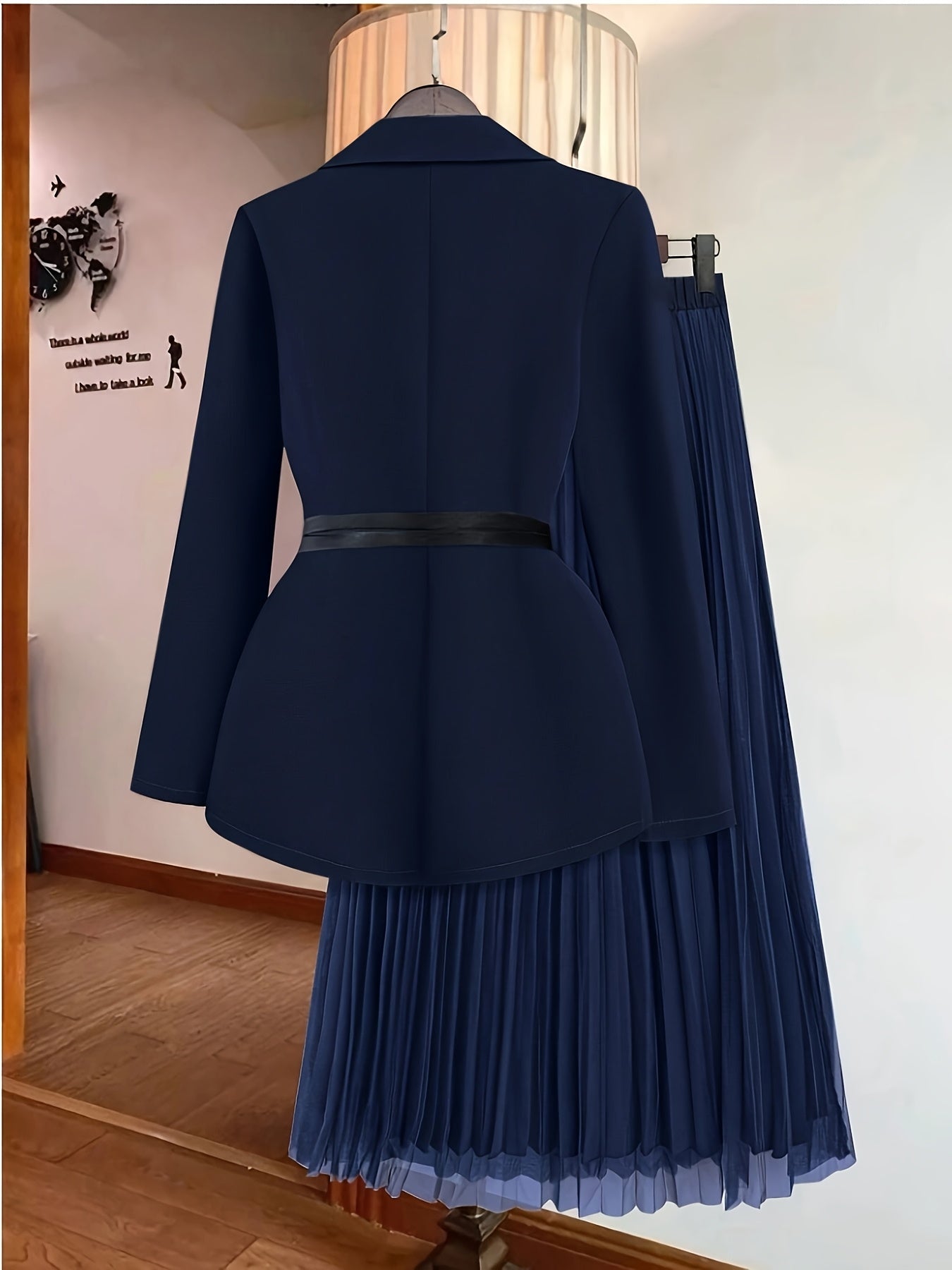 Women's Elegant Solid Color Double-Breasted Suit Jacket with Mesh Pleated Skirt Set, Spring/Summer Belt Not Included