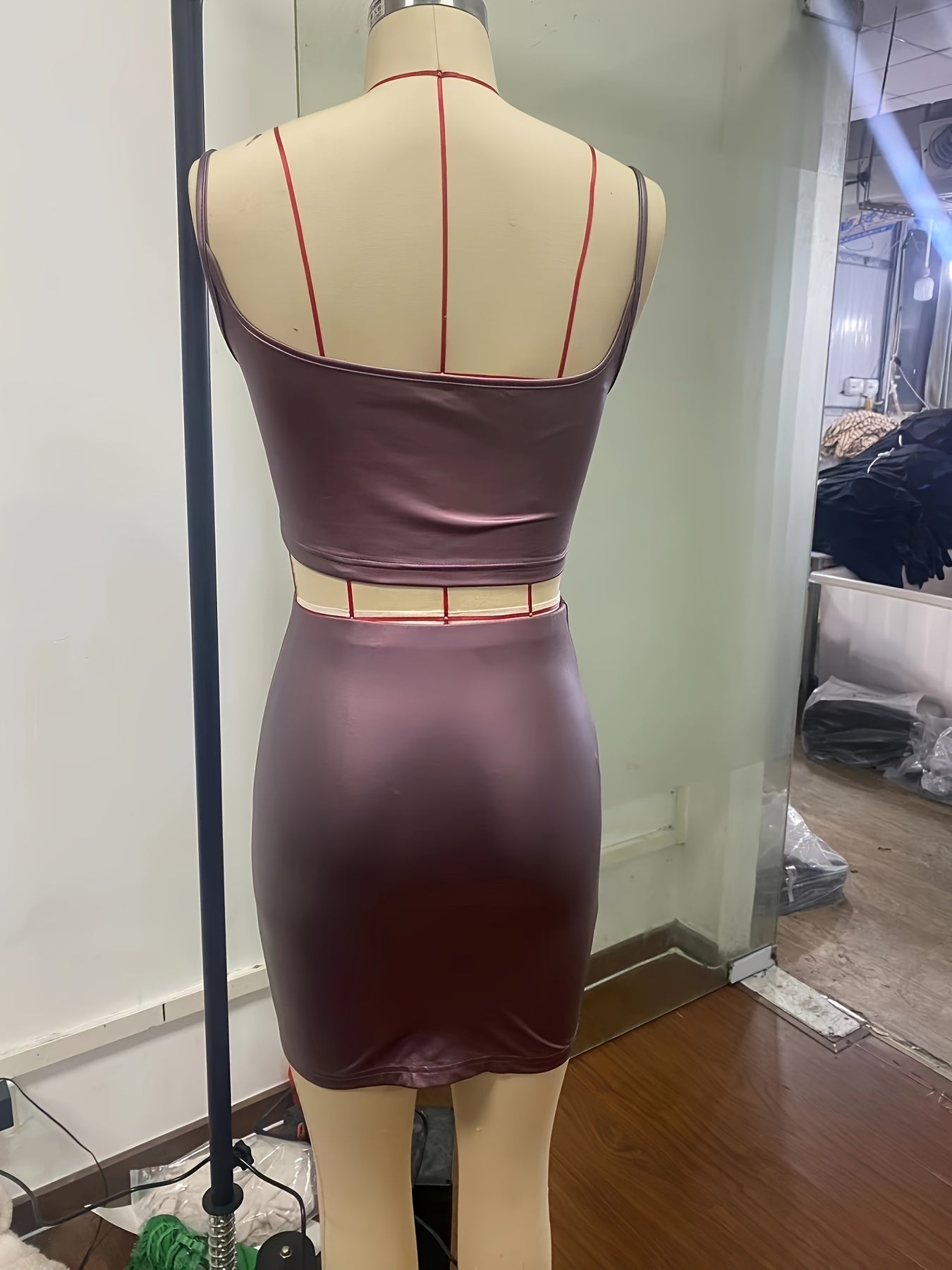 Faux Leather Two-piece Skirt Set, Sleeveless Crop Cami Top & High Waist Mini Skirts Outfits, Women's Clothing