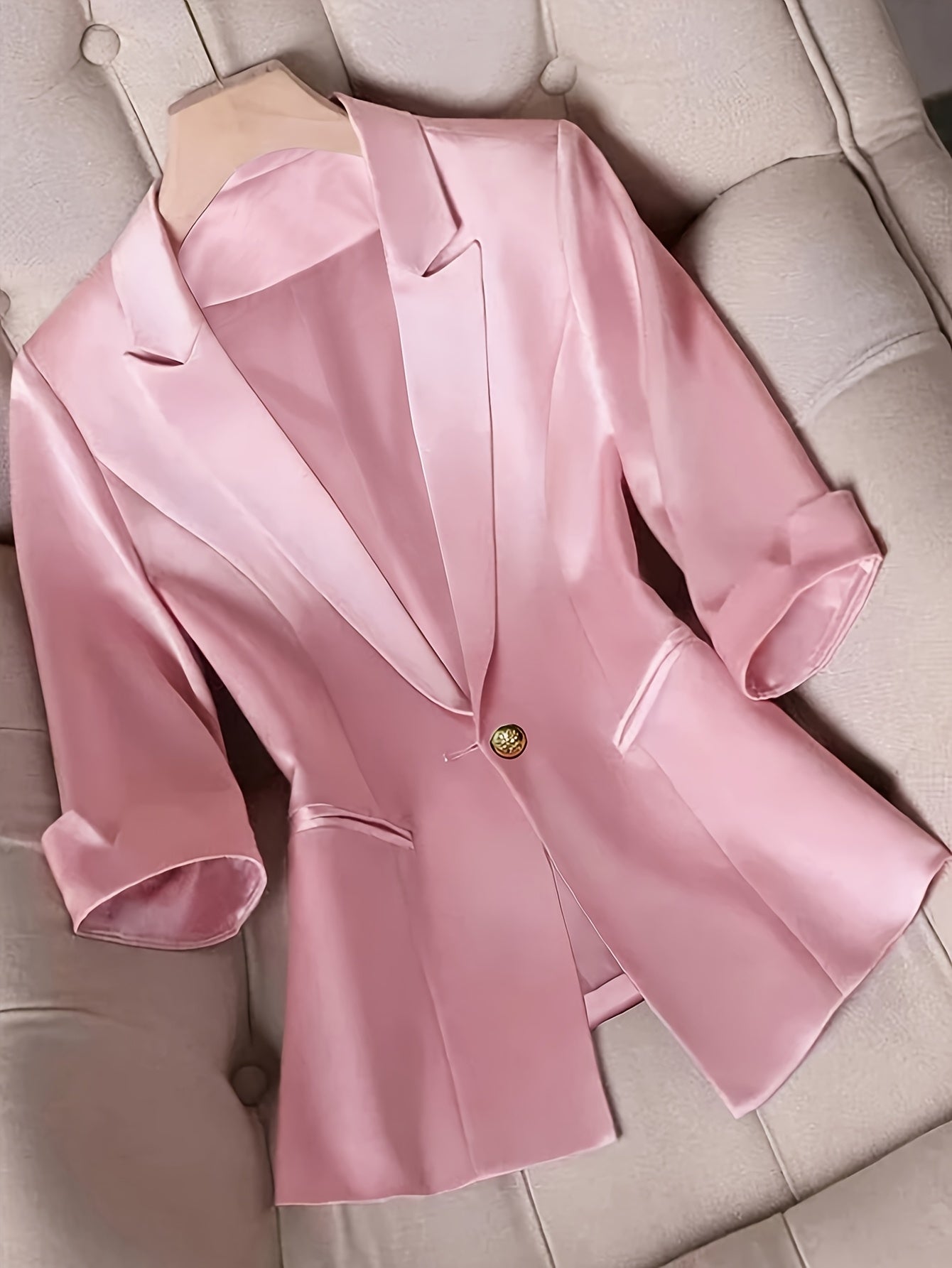 Elegant Women'S Pink Polyester Blazer - Solid Color, Regular Fit with Single-Breasted Button Detail, Versatile All-Season Jacket for Formal or Casual Attire, Allseason Jacket|Sophisticated Suit|Polyester Jacket, Ladies Blazer
