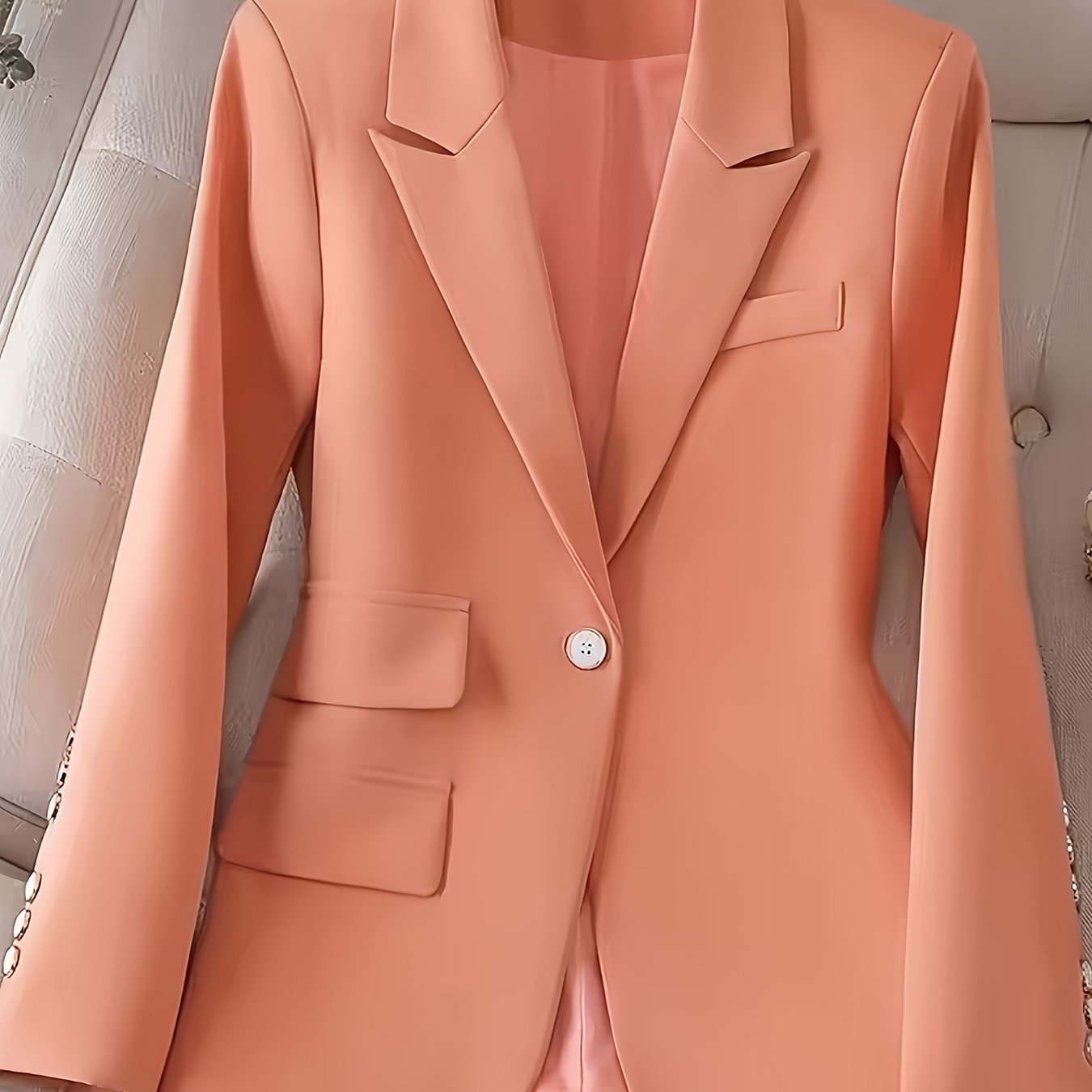 Women'S Elegant Pink Blazer with Decorative Buttons and Pockets - Long Sleeve, Polyester, Single-Breasted Jacket for All Seasons, Casual to Formal Wear, Casual Formal Jacket | Elegant Women'S Jacket | Polyester Jacke