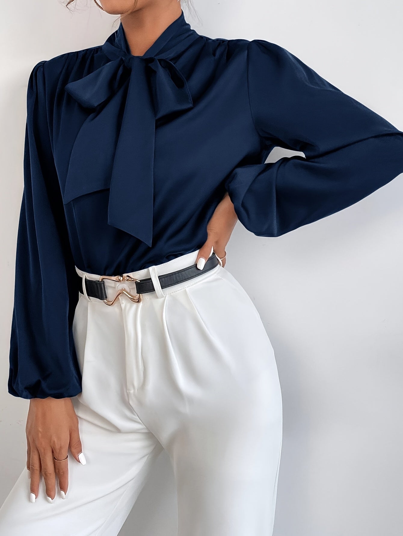 Elegant Satin Blouse with Tie-Neck and Bishop Sleeves, Polyester and Elastane, Solid Color, Non-Stretch Fabric - Women's Fashion Top, Seasonal Fashion | Bow Detail Shirt | Stylish Design, Ladies Blouses